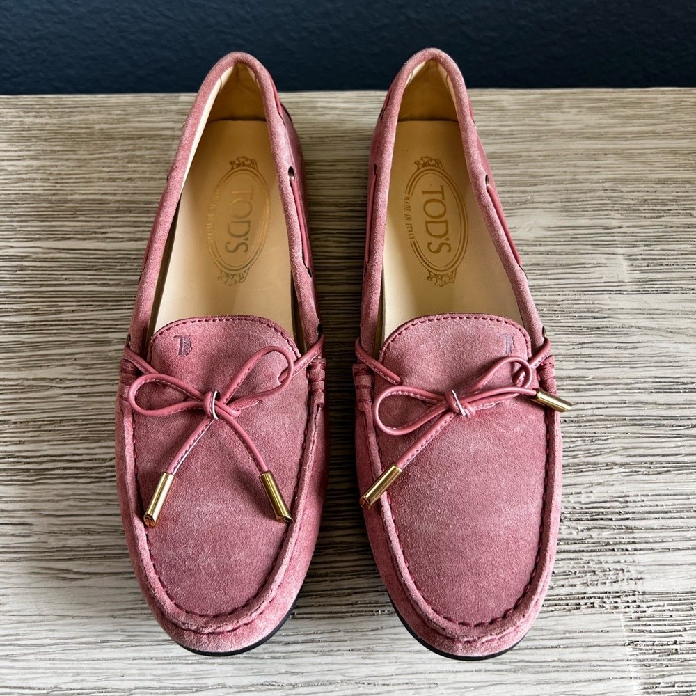 Tod's Pink Suede Loafers with Gold Accents